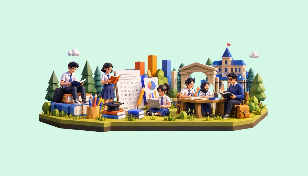 Ilustrasi persiapan SNBT SCOVER dengan siswa SMA, asesmen, tutor, dan suasana kampus
