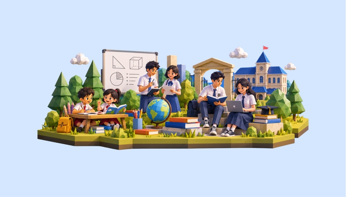 Ilustrasi persiapan TKA SCOVER dengan siswa belajar, asesmen, dan lingkungan sekolah