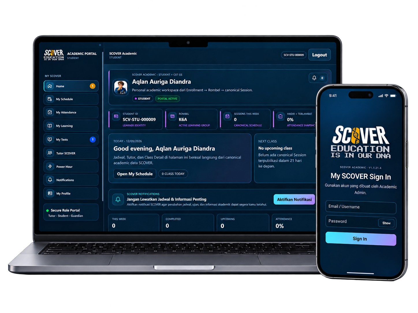 Portal akademik SCOVER pada laptop dan smartphone